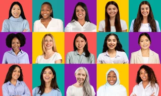 Headshots of a diverse set of women, on colorful background blocks
