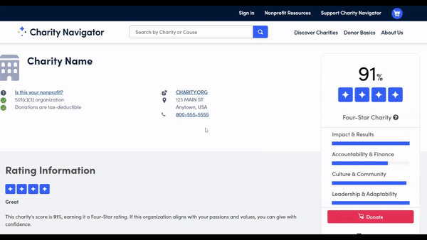 GIF showing how to navigate Charity Navigator to give a donation as a gift