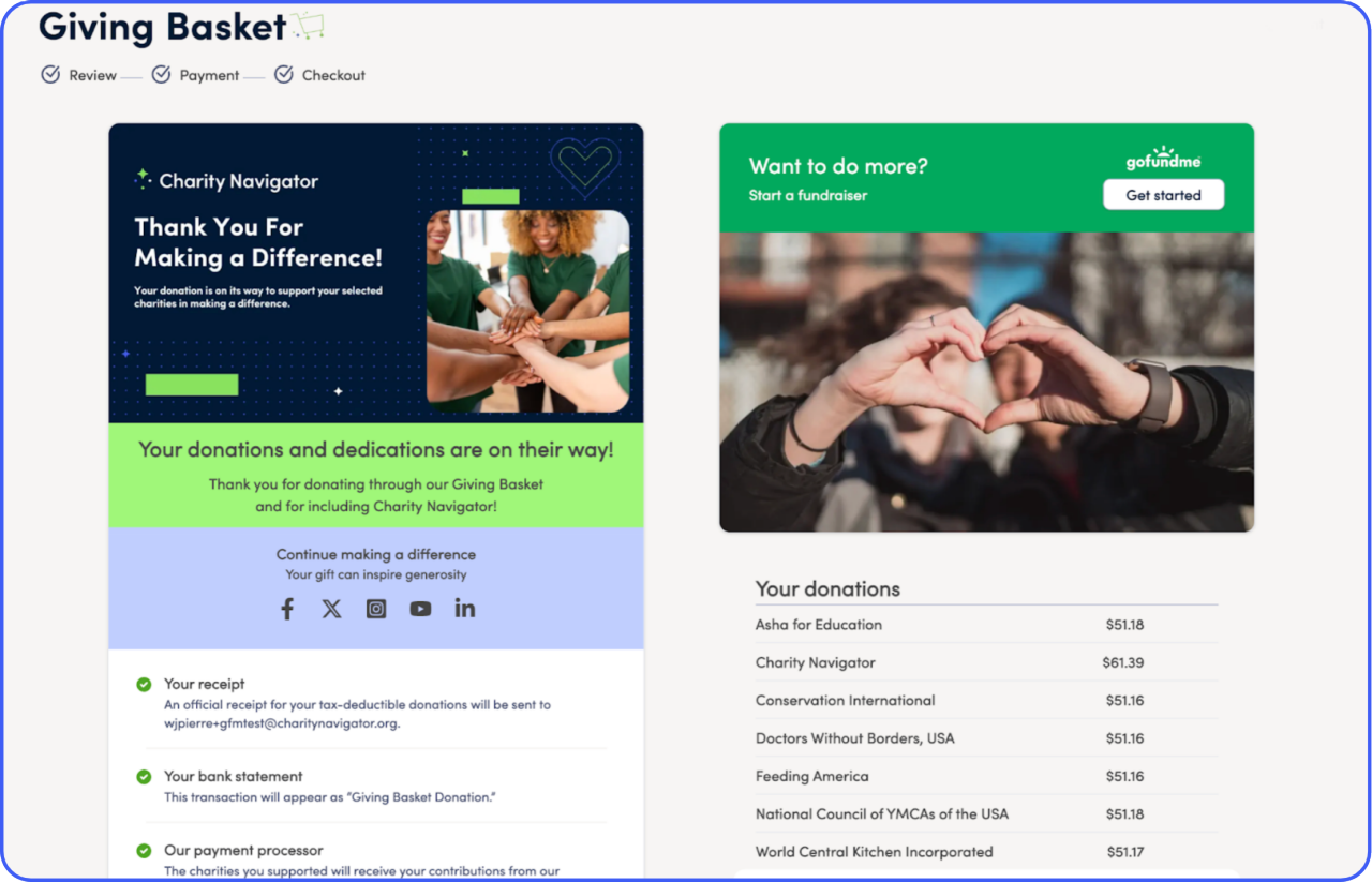 Screen capture of the GoFundMe option after checkout