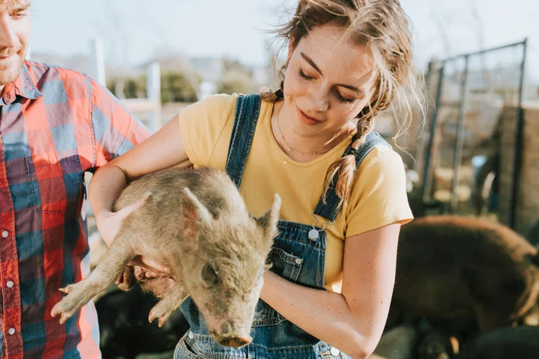 A happy child holding a pig