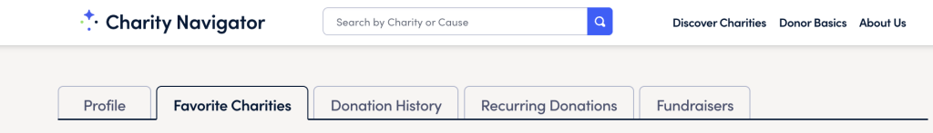 Screen Grab of the profile menu that displays Favorite Charities