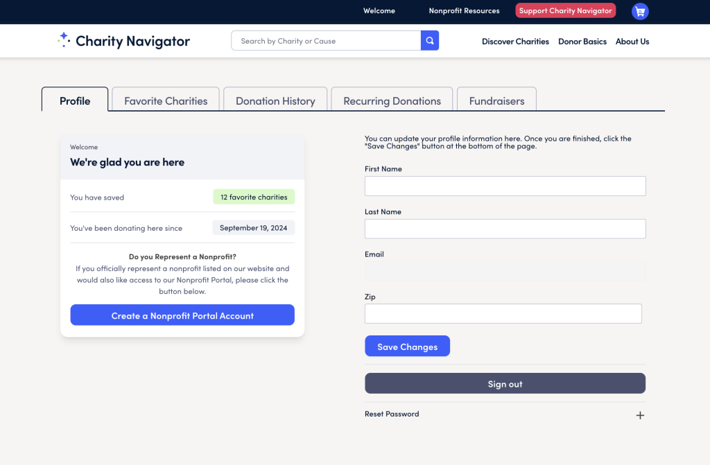 Image of the home screen when you log into your Charity Navigator Profile