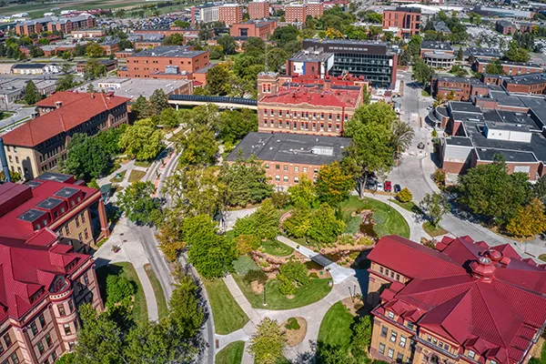 Aerial view of a large public university in fargo