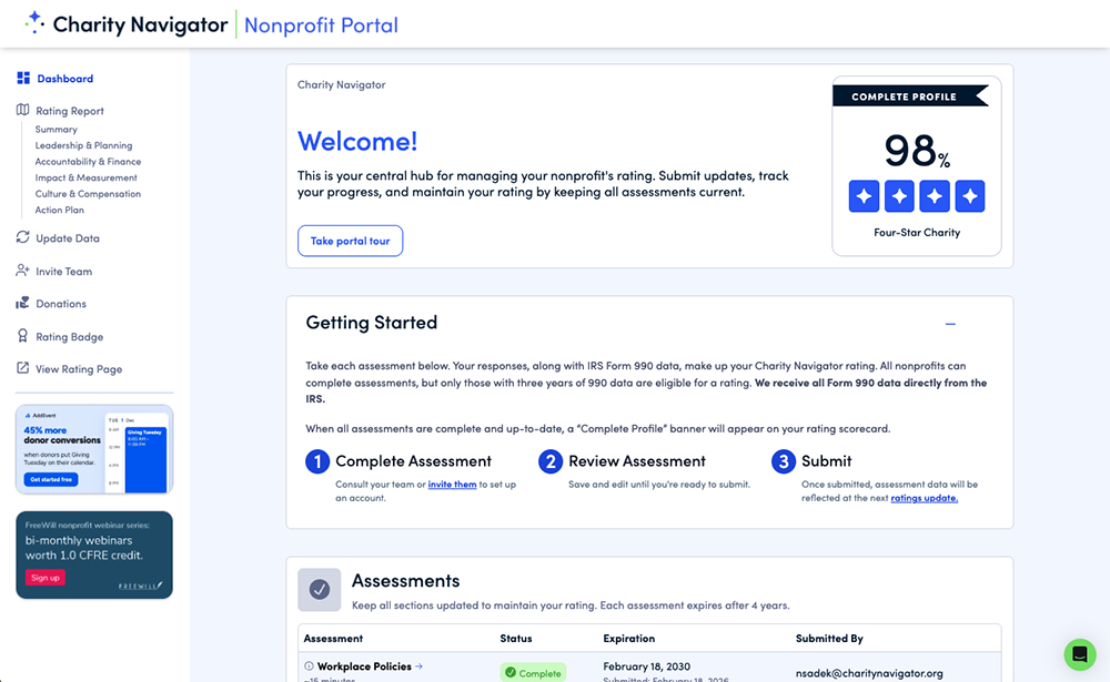 An image of Charity Navigator's upgraded nonprofit portal